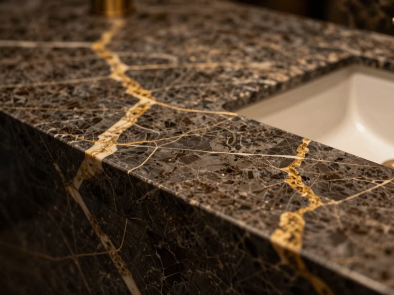 Extreme close-up of premium dark Italian marble counter with gold veins, warm dramatic side lighting, architectural monograph style.