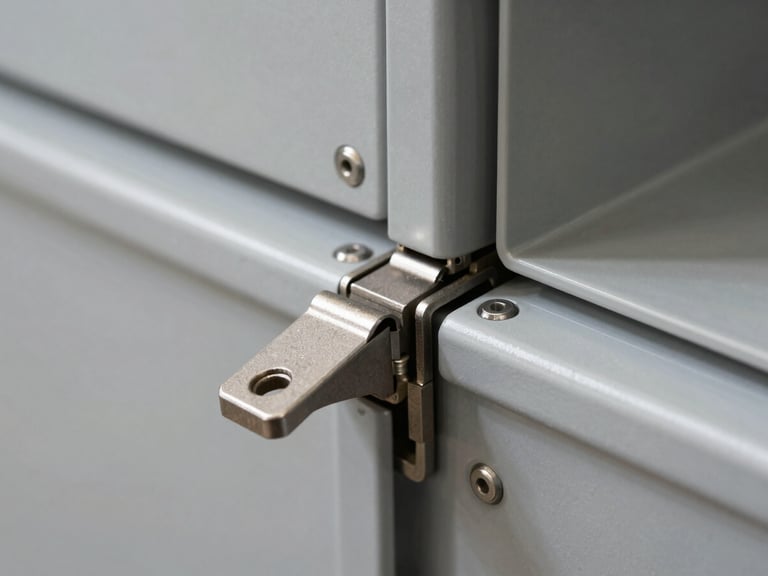 Macro detail shot of heavy-duty plastic molding seams and integrated hinges on an industrial enclosure, clean hard studio lighting, technical precision.