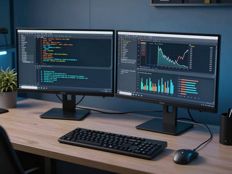 A clean, high-end technical workspace with dual monitors displaying code and analytics graphs, low-key blue lighting, organized and precise environment