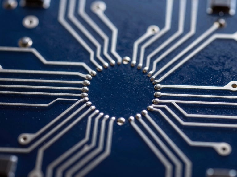 Extreme close-up macro shot of clean circuit traces on dark glass, cool silver highlights, deep cosmic indigo background