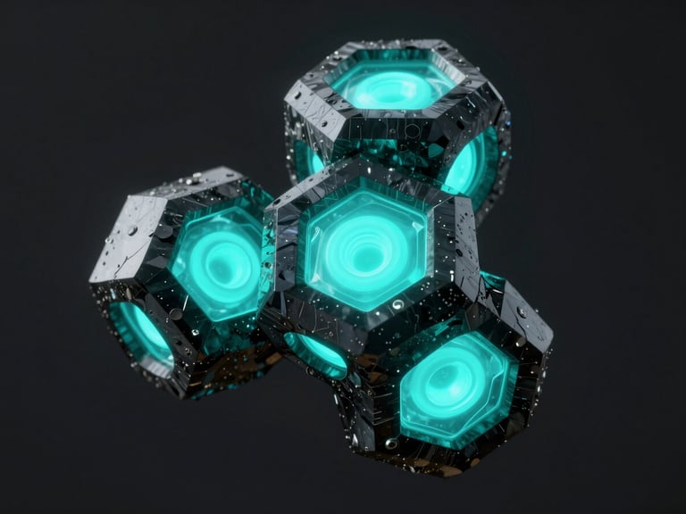 Abstract 3D render of three interlocking geometric obsidian nodes, glowing electric cyan core, high-contrast low-key lighting, technical diagram overlay
