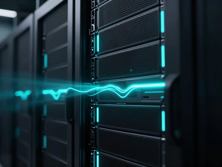 Close-up of server racks in a dark cold data center, sharp neon cyan edge-lights piercing deep shadows, abstract glowing data streams