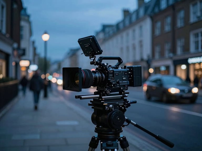 Wide angle, dramatic key light on a cinematic camera rig positioned on a London street at twilight, cool blue ambient fills, motion-blurred traffic in the background.