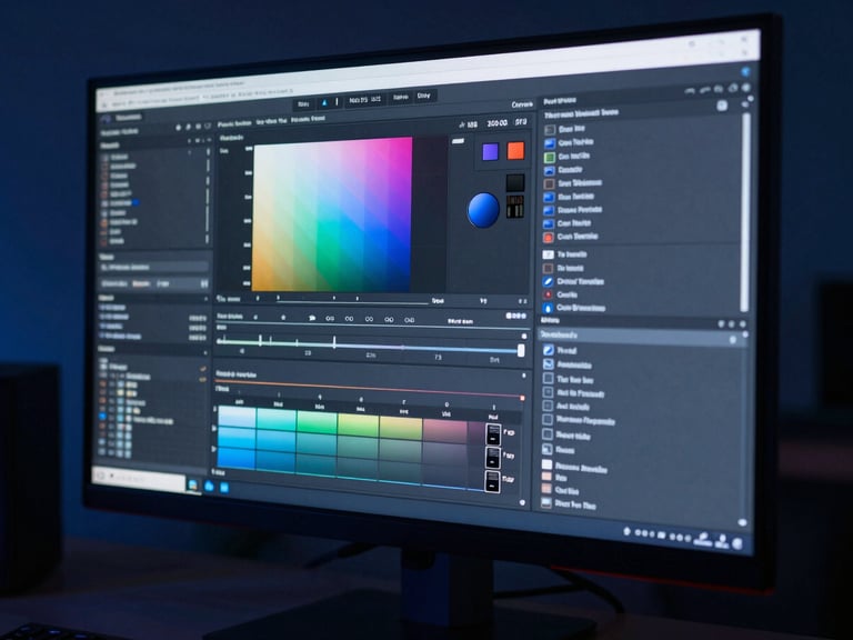 Crisp macro shot of a digital interface showing color-grading software on a high-end monitor in a dark studio, cool blue lighting