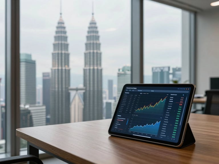 Side view of a modern office window overlooking Kuala Lumpur, a tablet on a wooden table displaying real-time marketing analytics and charts showing positive growth