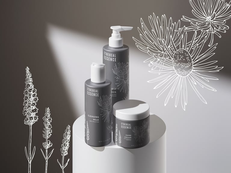 Aplicação de coleção de ilustrações botânicas em embalagem de cosmética natural para homem