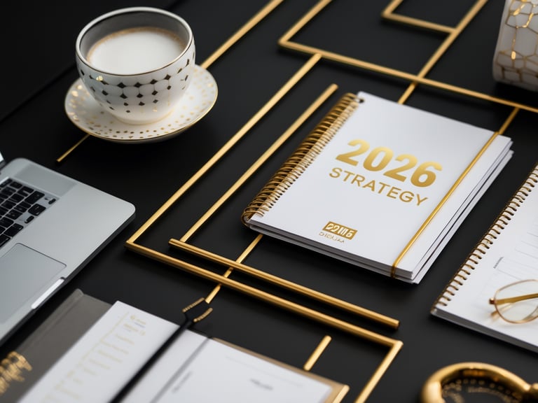 “Gold and white 2026 strategy planner on a desk with coffee, representing job search planning and pe