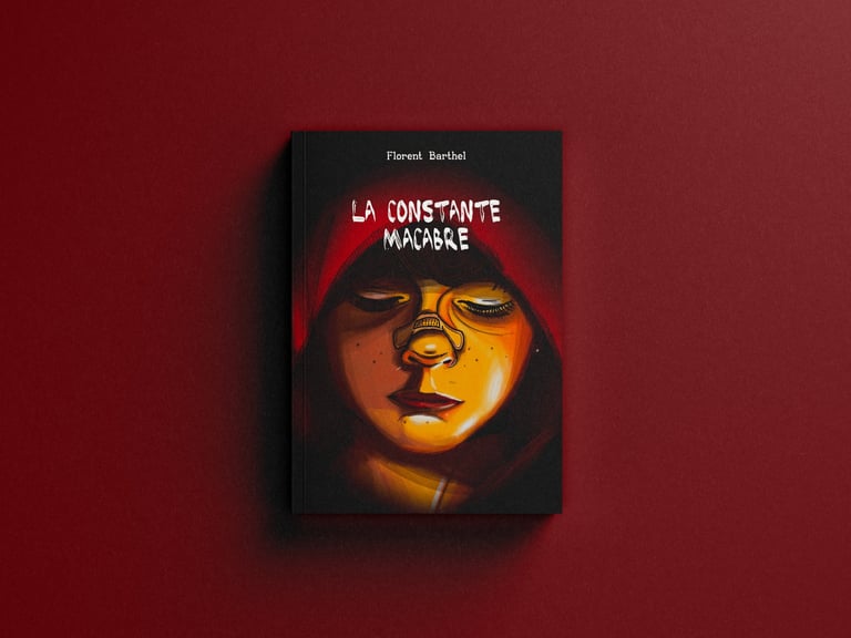 Mockup roman broché sur fond rouge La constante macabre - Florent Barthel, auteur.