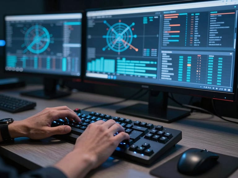Tight crop of a technician's hands on a mechanical keyboard in front of multiple monitoring dashboards displaying network graphs and uptime metrics, cool blue screen light illuminating fingers and desk surface, dark background, no faces visible, sharp focus on hands and screen glow.