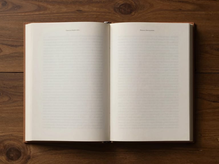 An overhead flat-lay of an open hardcover book on a wooden desk, displaying clean interior typesetting, generous margins, and elegant running headers.