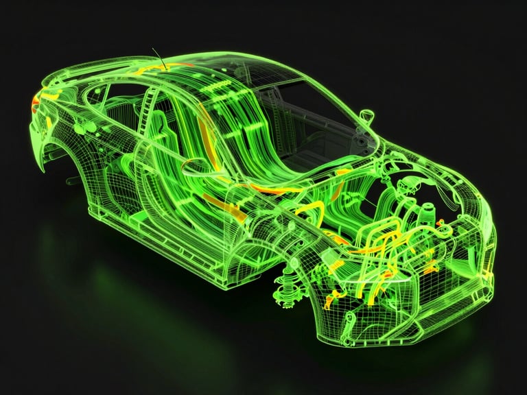 High-contrast 3D digital rendering of a complex automotive chassis mesh overlaid with glowing neon green CFD streamline vector fields, dark obsidian background, macro depth of field