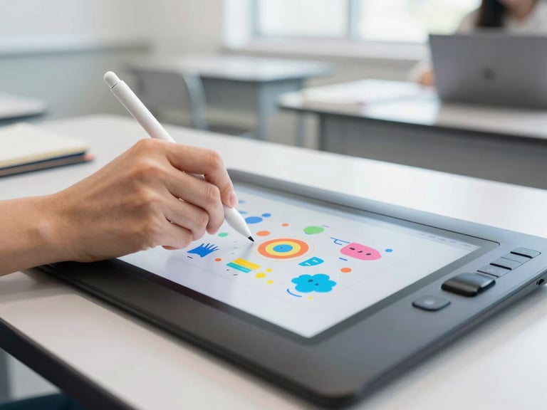 Close-up of a designer's hands using a stylus on a drawing tablet, editing a colorful vector layout on a bright screen, natural studio daylight