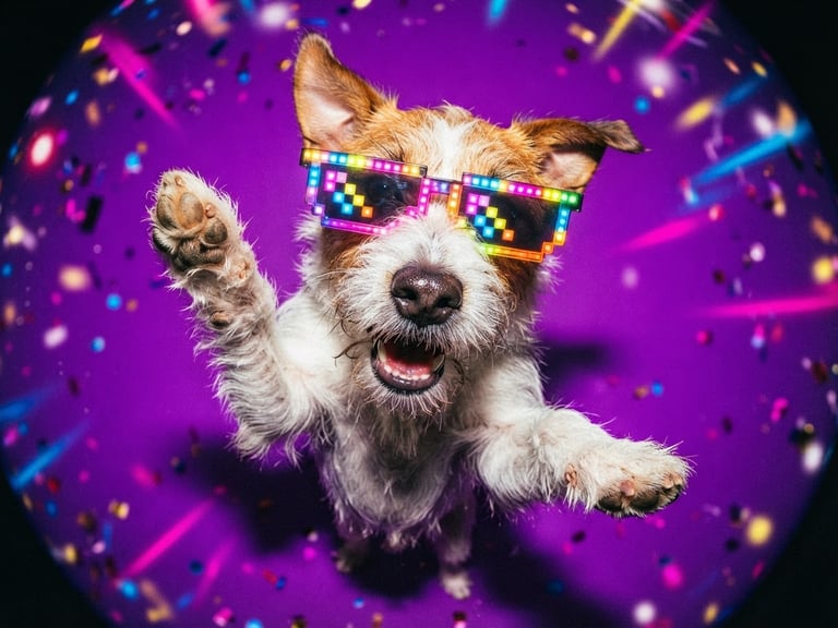 Extreme wide-angle dog-eye lens photo of a Jack Russell Terrier wearing neon pixelated sunglasses, bright flash photography, vibrant purple background