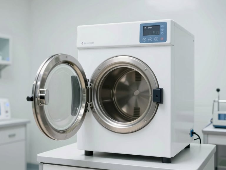 Medium shot of a modern medical autoclave sterilizer in a bright, spotless white clinic room, clinical lighting, clean composition.