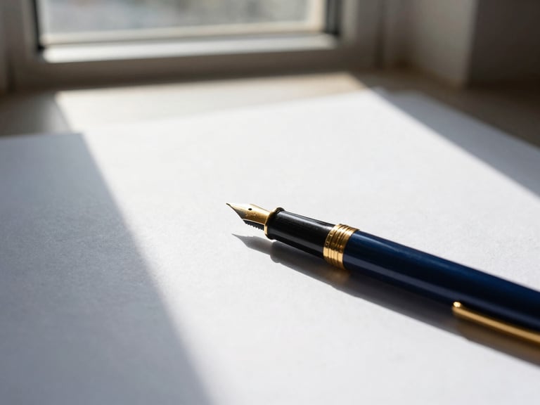 Close-up of a structured workspace with a fountain pen and heavy paper, natural window light, sharp shadows, 35mm