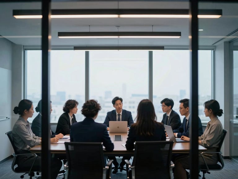 Quiet team collaboration in a glass-walled boardroom, cool crisp morning light, architectural framing, 35mm