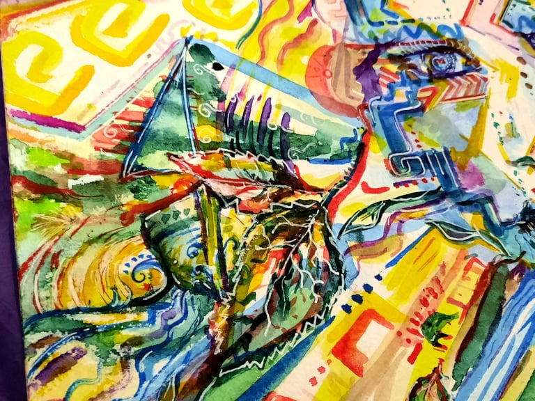 détails d'une aquarelle aux couleursvoves entre abstrait et figuratif, nature, végétation, eau, corps et visage et bateaux