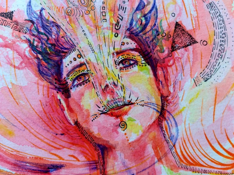 détails autoportrait de Naía à l'aquarelle aux tons rouges, avec un flux d'information qui s'échappe de sa bouche