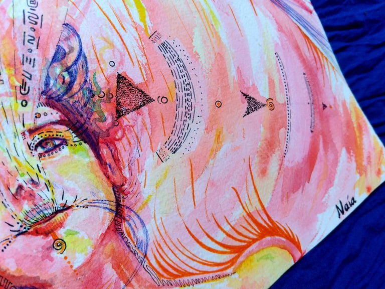 détails autoportrait de Naía à l'aquarelle aux tons rouges, avec un flux d'information qui s'échappe de sa bouche