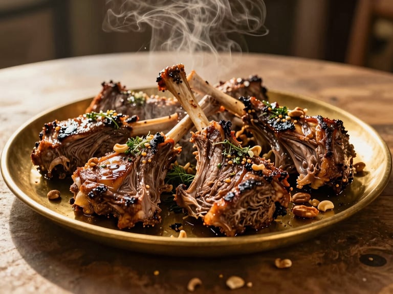 Oversized communal brass platter featuring a magnificent slow-roasted lamb feast, steaming hot, garnished with herbs and nuts, warm low-angle golden hour light, 35mm