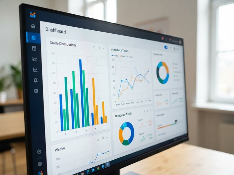 Close-up macro shot of a clean, high-contrast SaaS dashboard on a monitor, displaying grade distributions and attendance charts, bright studio light, sharp focus.