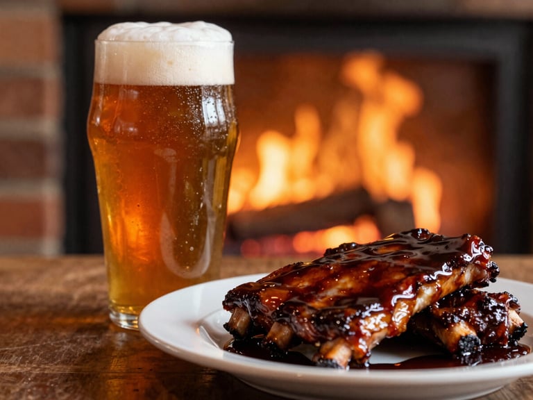 Intimate close-up of a pint of local amber cask ale with a thick head, sitting next to a glistening plate of ribs glazed in dark, rich Blood Tub sauce, warm incandescent fireside glow casting soft shadows.