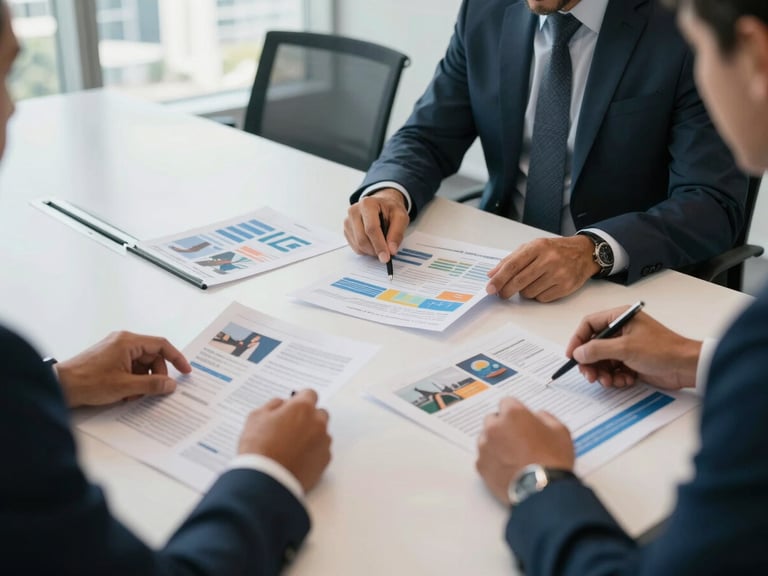 Medium-wide shot of a strategy session in a bright Miami conference room, two professionals reviewing printed campaign analytics reports spread across a white table, window light flooding in from the left, no faces fully visible