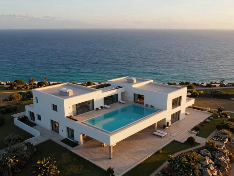 Aerial view of a luxury villa in Albufeira with an infinity pool overlooking the ocean at golden hour, clean geometric lines