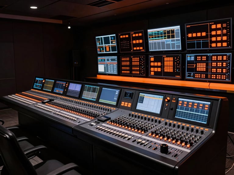 Event control room with multiple screens and a sound mixing console, subtle orange glow from equipment, high-tech, sharp details, 35mm
