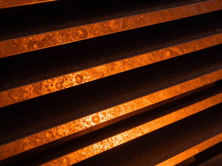 Close-up of a high-end material finish on a stage prop, showing texture and reflection under warm orange lighting, sharp details, 35mm
