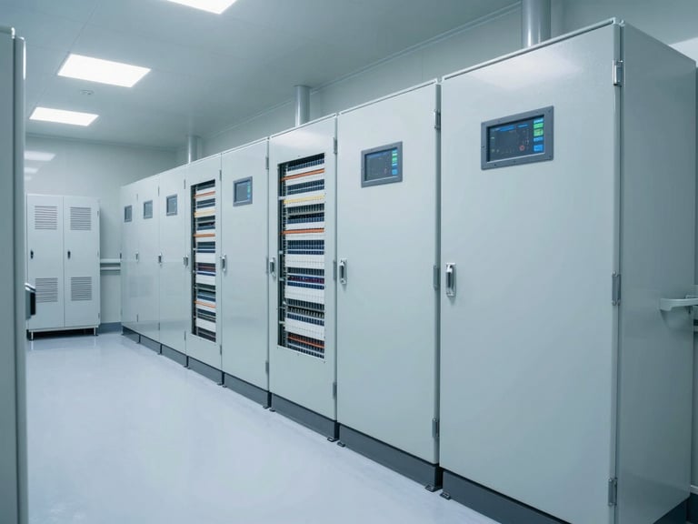 Clean, sterile hospital plant room with complex HVAC and electrical panels, pristine condition, cool white interior lighting, focus on precision engineering.