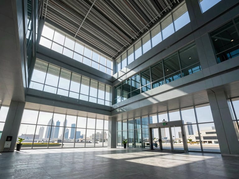 Modern commercial building lobby, wide architectural shot, subtle visible ceiling MEP elements, natural daylight streaming in, Jeddah skyline visible through large windows.
