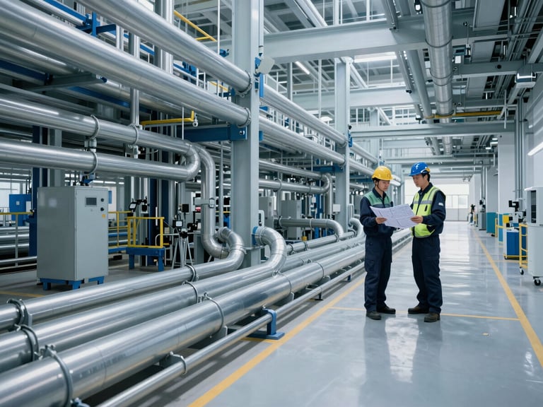 Modern factory floor with visible, precisely routed MEP conduits and pipelines, cool industrial lighting, engineers in branded PPE inspecting blueprints on-site in the background.