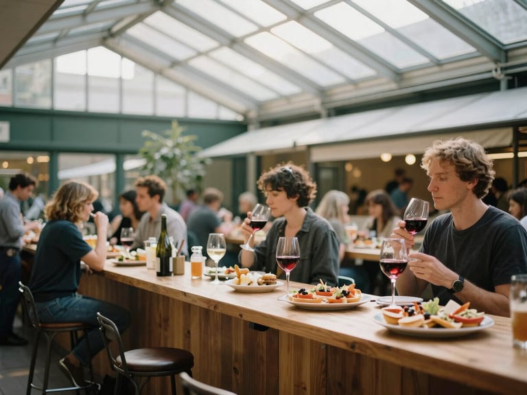 Wide environmental shot of a modern lively food market interior, warm daylight filtering through glass roof, people enjoying wine and tapas at wooden counters, 35mm