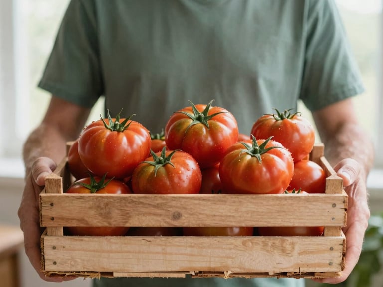 Local farmer in natural light holding a wooden crate full of fresh heirloom tomatoes, organic aesthetic, soft diffused daylight, shallow depth of field, 35mm