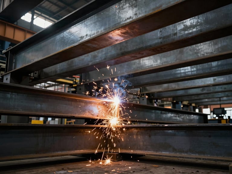 Wide-angle environmental shot of a heavy fabrication yard, massive structural steel beams being welded, dramatic industrial lighting, sparks casting warm light
