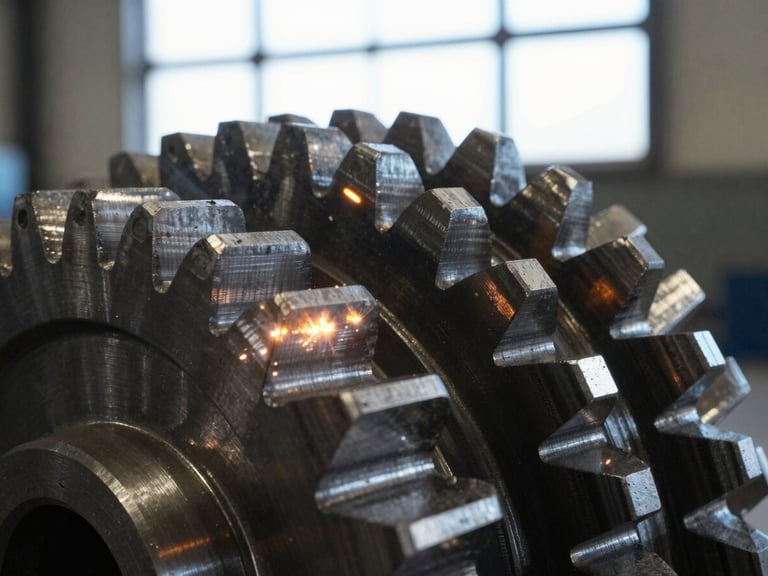 Macro detail shot of a high-tolerance machined steel gear with visible metallic grain, sharp focus, dramatic shadows, natural warehouse window light