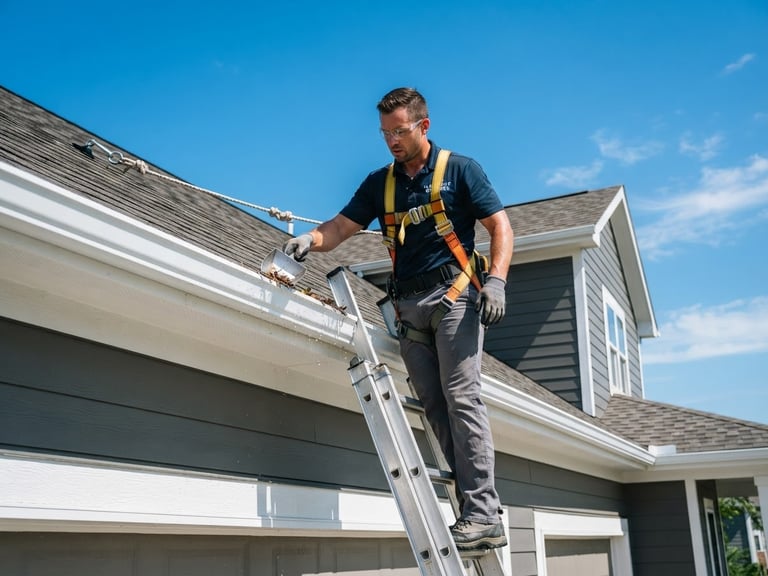 A professional technician wearing safety gear and a harness stands securely on a ladder, cleaning a clean white seamless aluminum gutter against a bright blue sky, crisp daylight, 35mm lens.