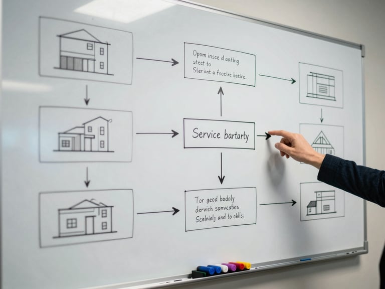 Wide overhead shot of a whiteboard mid-session covered in architecture diagram boxes and arrows, markers uncapped on the tray, a hand partially visible pointing at a service boundary node, cool even office lighting, no faces