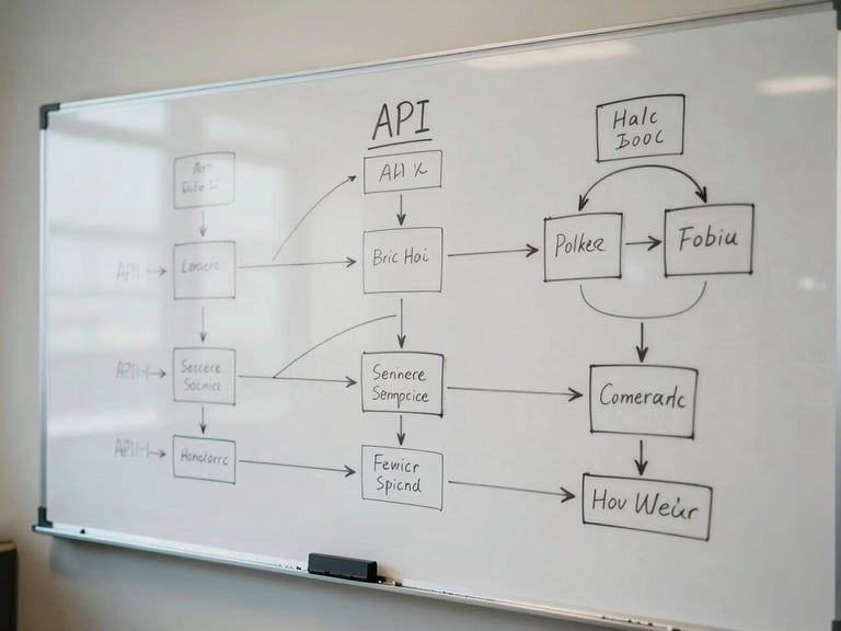 Wide overhead shot of a whiteboard covered in hand-drawn API architecture diagram mid-session — arrows, endpoint labels, authentication flow boxes — cool daylight-neutral lighting, no people visible, documentation feel