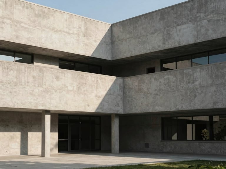 A minimalist, geometric architectural shot of an elite business school campus, featuring clean concrete lines and sharp shadows cast by natural afternoon light.