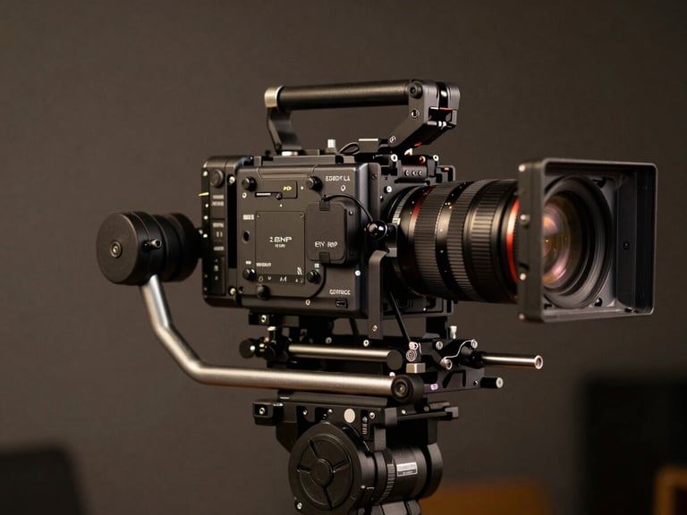 Close-up of a high-end cinema camera mounted on a professional stabilizer rig, dramatic low-key lighting highlighting the metallic textures