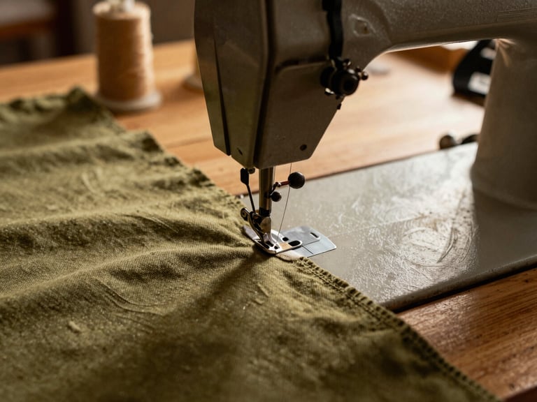 Close-up of a vintage sewing machine stitching heavy olive-colored canvas, warm workshop lighting, focus on the precise thread lines and metallic needle.