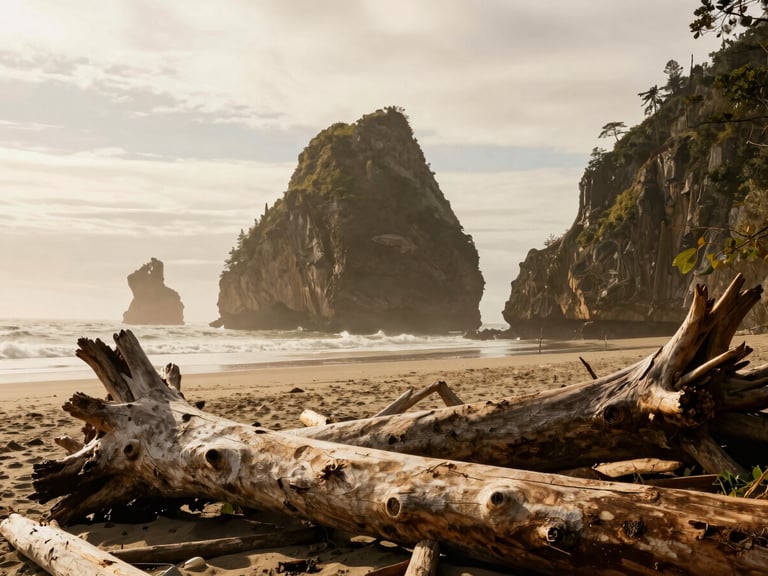 Overcast natural daylight over a misty beach with giant sea stacks, heavy driftwood in the foreground, rich organic earth tones, warm editorial photography.