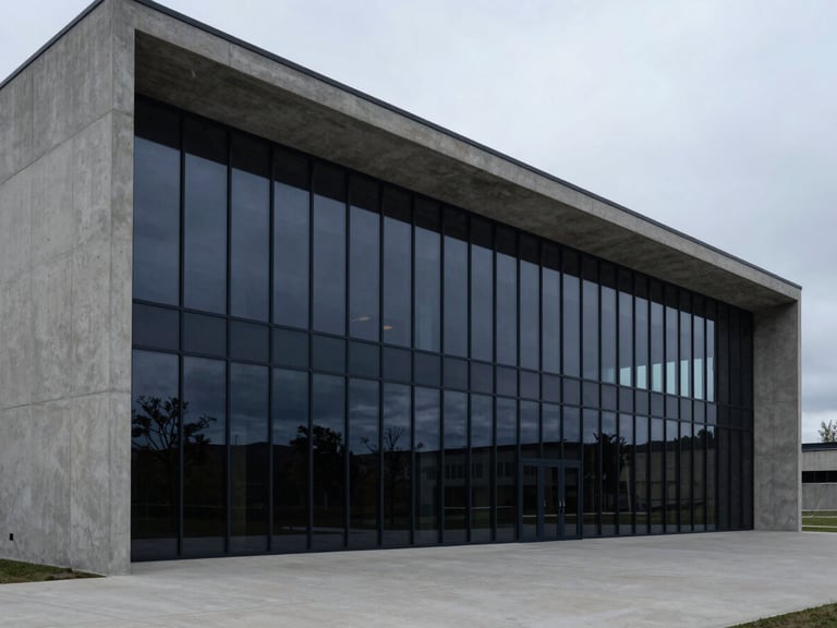 Wide-angle architectural photography of a modern concrete and glass structure, cool overcast daylight, deep navy and slate gray tones, sharp focus, 35mm