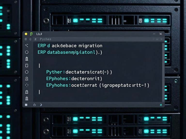 A clean, high-contrast terminal interface showing Python code for an ERP database migration, cyan text on a dark grey screen, sharp focus.