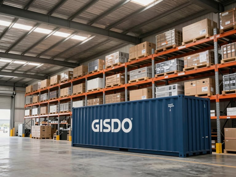 Wide-angle architectural shot of a clean high-ceiling logistics warehouse with organized industrial racking and a branded cargo container at the loading dock