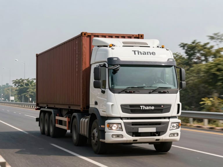 A heavy-duty container truck maneuvering precisely through a wide modern highway corridor in Thane, sharp daylight, professional logistics framing