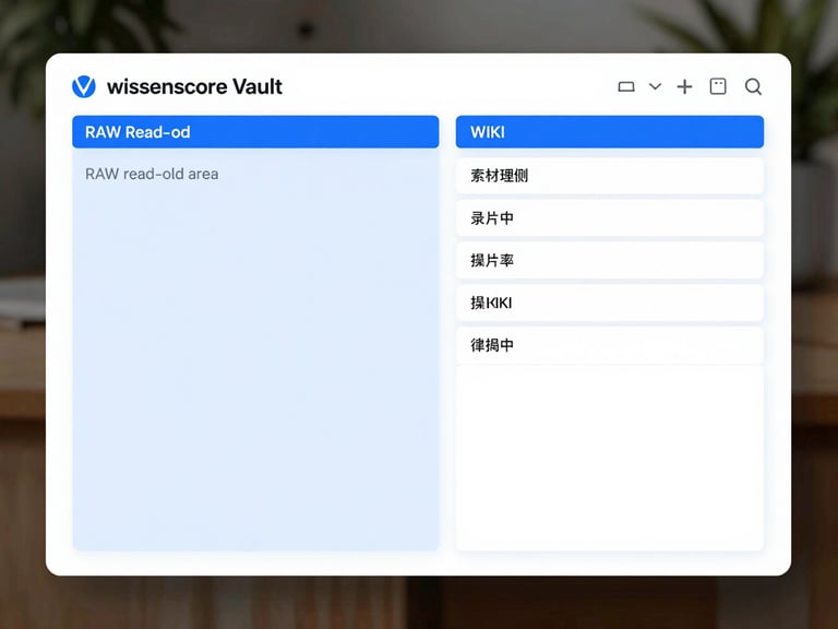 Straight-on high-fidelity UI mockup of the wissenscore Vault structure, displaying the RAW read-only area and the structured WIKI area side-by-side, clean technical layout with crisp blue accents.