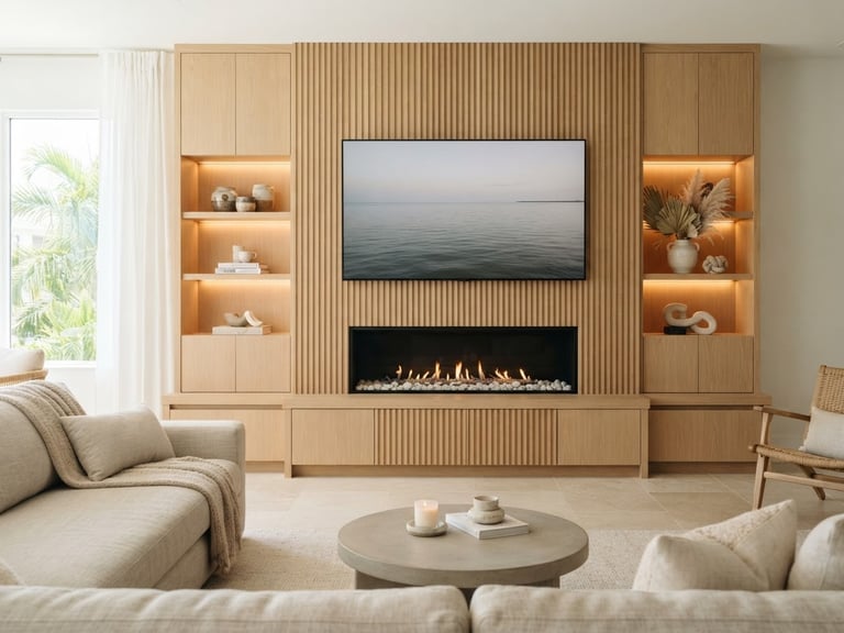 Straight-on architectural photography of a minimalist media wall in a sunlit Sarasota living room, featuring light oak wood slats, a flush-mounted fireplace, warm LED cabinet backlighting, bright coastal daylight, 35mm.